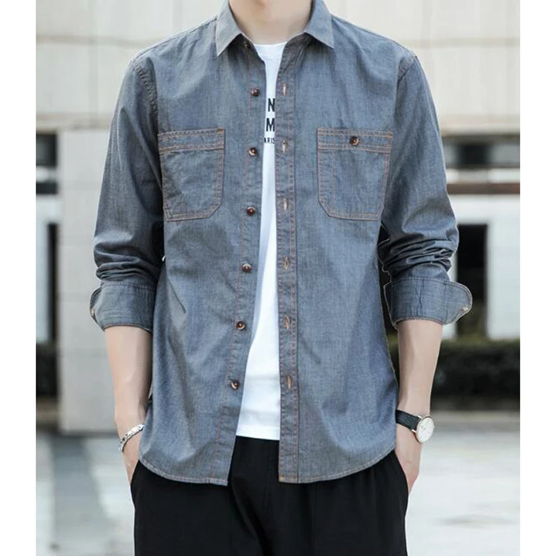 Camisa vaquera de manga larga para hombre, pantalones vaqueros ajustados de algodón puro suave con dos bolsillos|Camisas informales| - AliExpress