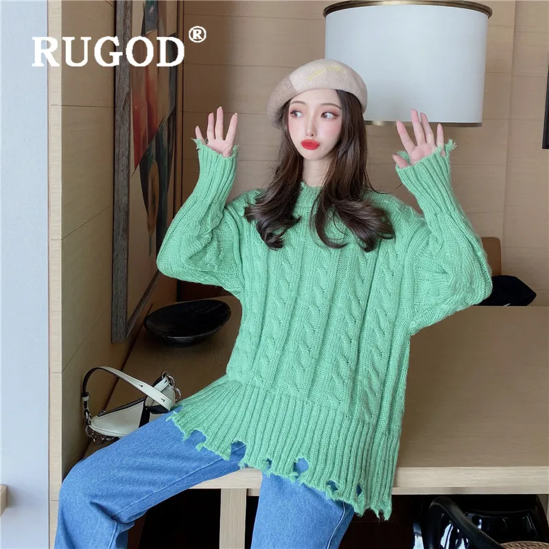 RUGOD, новинка, Женский вязаный свитер ярких цветов, неровный, потертый, боковая часть, Круглый ворот, свободный свитер, корейский шик, милый, темпераментный свитер