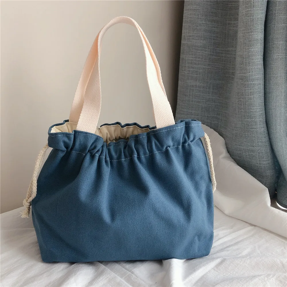

Portable Small Women Bags 2020 Solid Color Cotton Lunch Bag Drawstring Canvas Thick Candy Color Pouch Purse Top-handle Tote