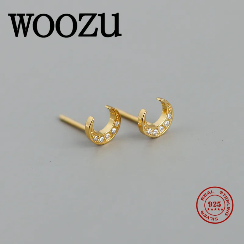 WOOZU реальные 925 стерлингового серебра корейский белый циркон Луна мини шик серьги