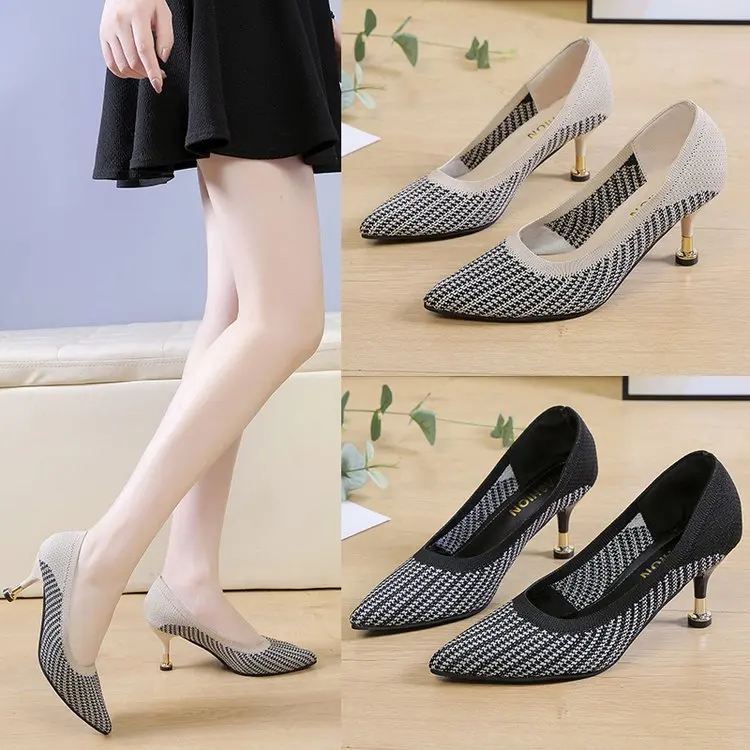 

Gauze Sandals Female Summer Thin Heeled Pointed-Toe 2019 New Style Breathable Black And White with Pattern Career Shoes Versatil