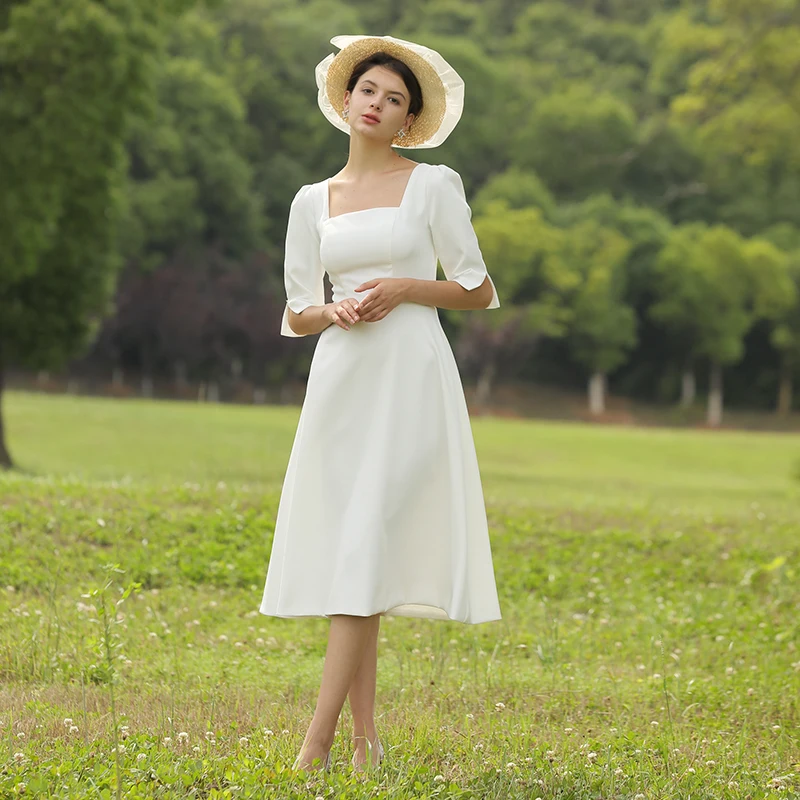 Tea Length Soft Satin Bridal Gown Simple Square Neck Short Sleeves Elegant Wedding Bridesmaid Guest Dress Cheap Custom Made #808 | Свадьбы и