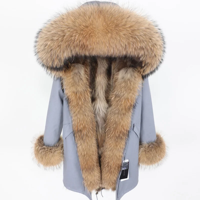 MAOMAOKONG, зимняя женская кожаная куртка большого размера, пальто из натурального меха енота, съемная меховая подкладка, длинная куртка - Цвет: FD33-5