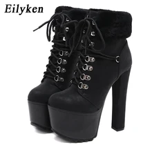 Eilyken/ г. Новые зимние плюшевые женские ботильоны на высоком каблуке 16,5 см на шнуровке женские ботинки на платформе с круглым носком обувь черного цвета размер 34-40