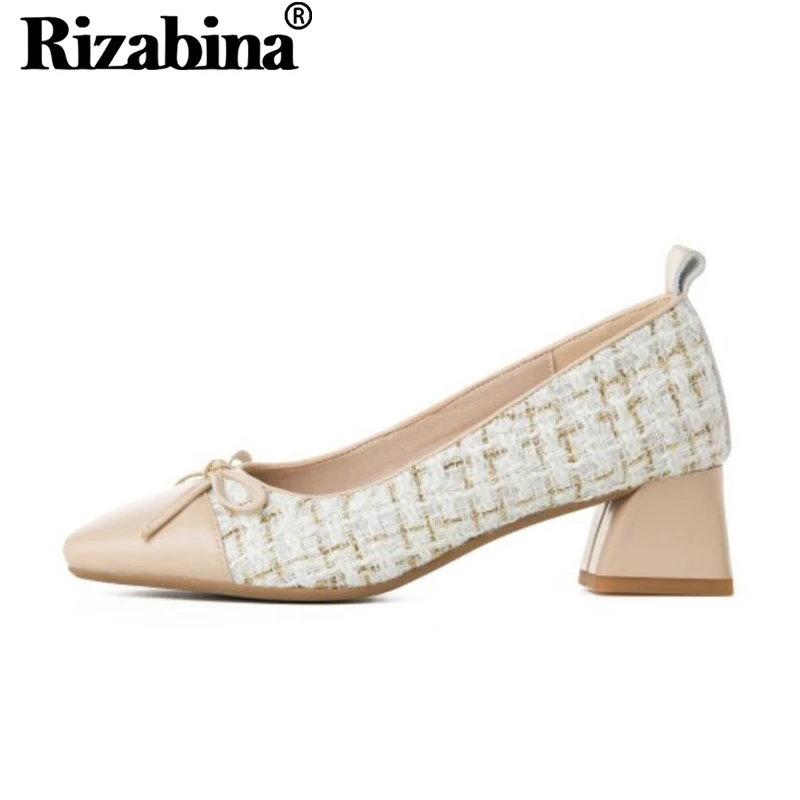 

RIZABINA Size 33-43 Women Fashion Pumps Shoes Bowknot Patchwork Shoes Women Square Toe Thick Heels Grids Cloth Casual Footwear