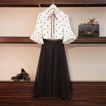 

2020 Two Piece Sets women Dot Print Chiffon Falre Sleeve Blouse and long Mesh Pleated Skirt Casual Swing Women's Princess Dress