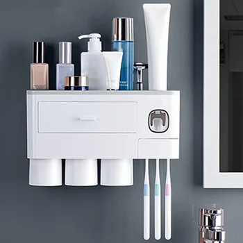 

New Toothbrush Holder Automatic Toothpaste Dispenser With Cup Wall Mount Toiletries Storage Rack Bathroom Accessories Set