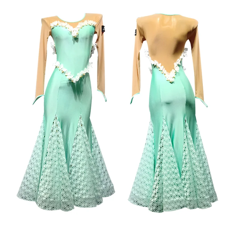 Бальное платье для латинских танцев, женское платье фокстрот для танцев, костюм для вальса, женское гладкое платье, длинное зеленое кружевное платье, сексуальная одежда для танцев