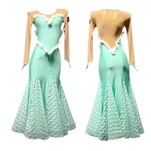 Бальное платье для латинских танцев, женское платье фокстрот для танцев, костюм для вальса, женское гладкое платье, длинное зеленое кружевное платье, сексуальная одежда для танцев