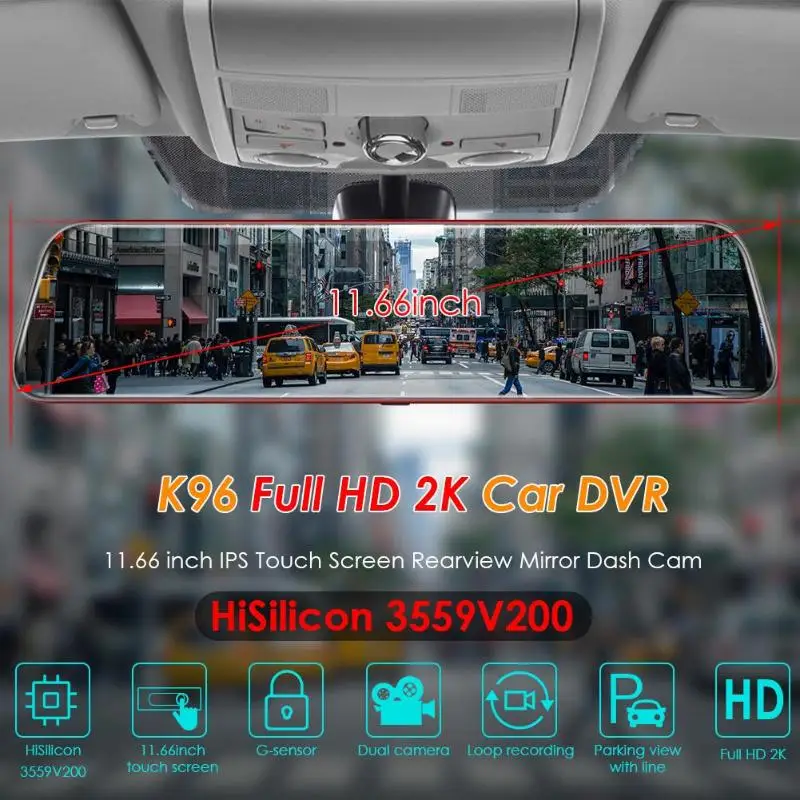 K96 Full HD 2K Автомобильный видеорегистратор Камера с двумя объективами 11,66 дюймов зеркало заднего вида Dashcam