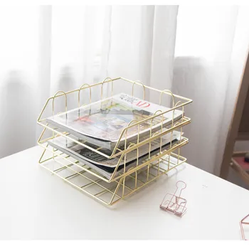 

Rose Gold File Tray Magazine Organizer Desk Set Metal Storage Basket File Books Organizer Layering Office Supplies Bookshelf