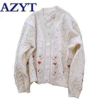 

AZYT 3D Floral Embroidery Knit Female Cardigan 2020 Autumn New V Neck Knitwear Sweater Coat Soft Chic Casual Cardigan Jacket