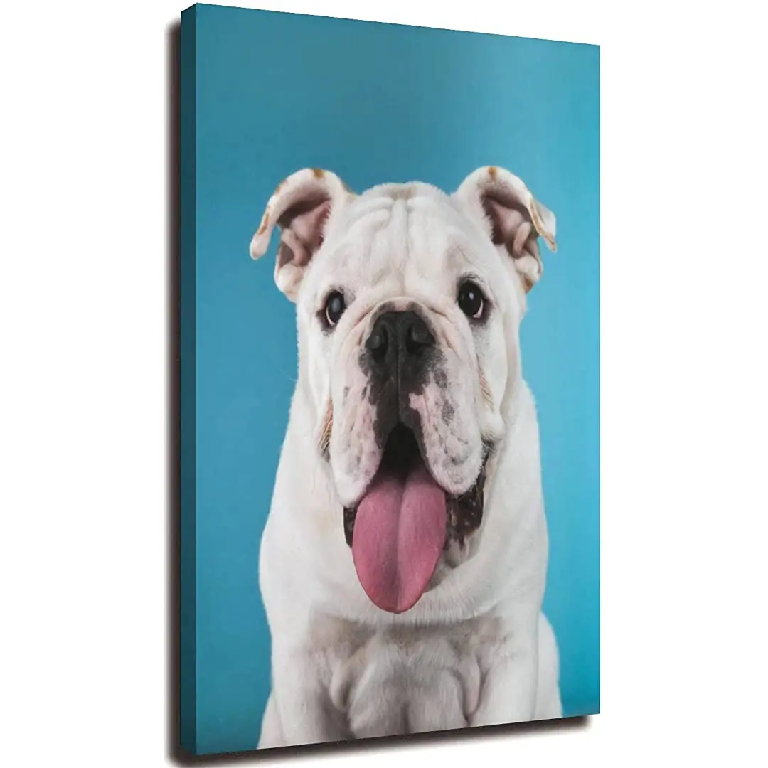Canvas Print Wall Art Painting Pictures Portrait of white english bulldog puppy on blue Stretched Framed Poster Gallery Wrapped | Дом и сад