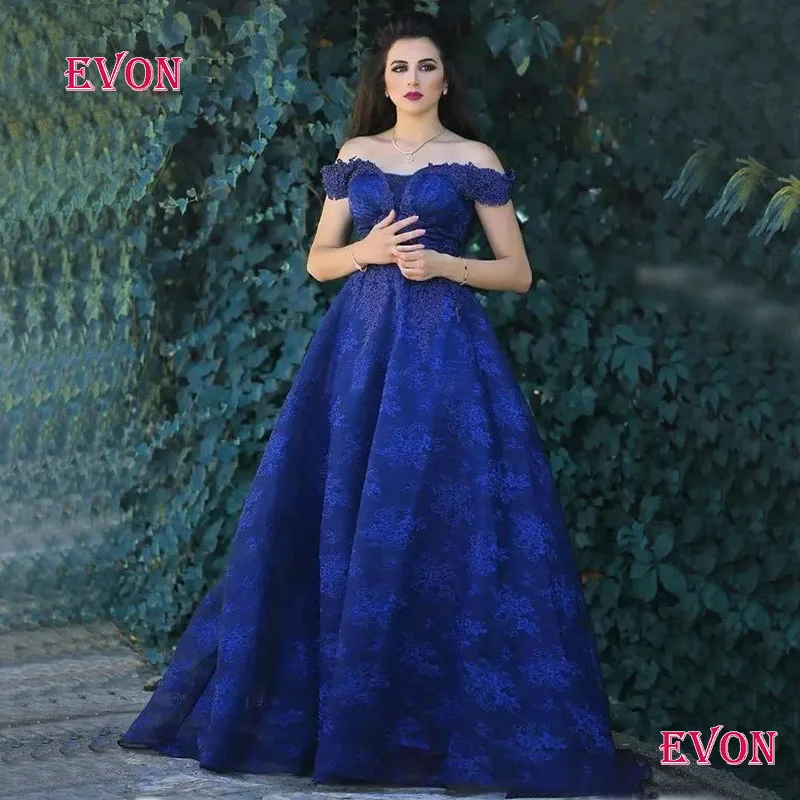 Robe De Soiree королевские синие вечерние платья с открытыми плечами плюс размер на заказ кружевные Выпускные платья Vestido De Fiesta De Noche - Цвет: Синий