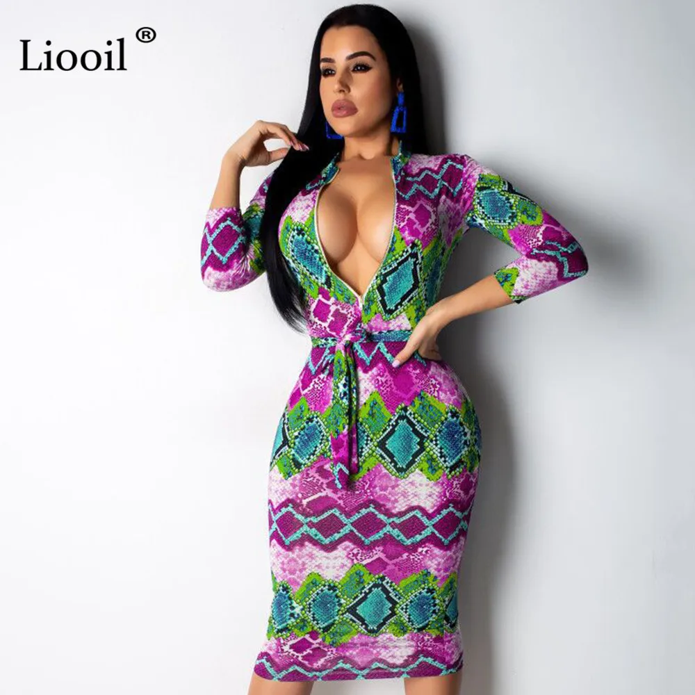Liooil, сексуальное, цветное, с принтом, облегающее, миди платье, для женщин, Клубная одежда,, рукав «Семь четверти», на молнии, с поясом, обтягивающие, платья для женщин, вечерние, ночные