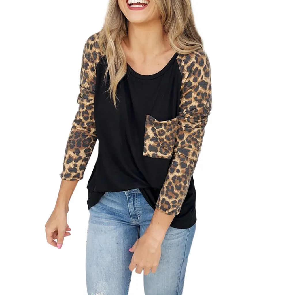 2019 Весна Осень Новая мода Женщины o-образным вырезом лоскутное карман с длинным рукавом Puls Размер леопардовая Футболка модная футболка