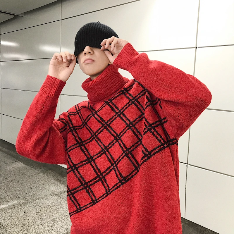 UYUK Winter High Collar Embroidery Lattice Stitching Geometric Pattern Set Head Youth Casual Trend Men's  Sweaters Clothes