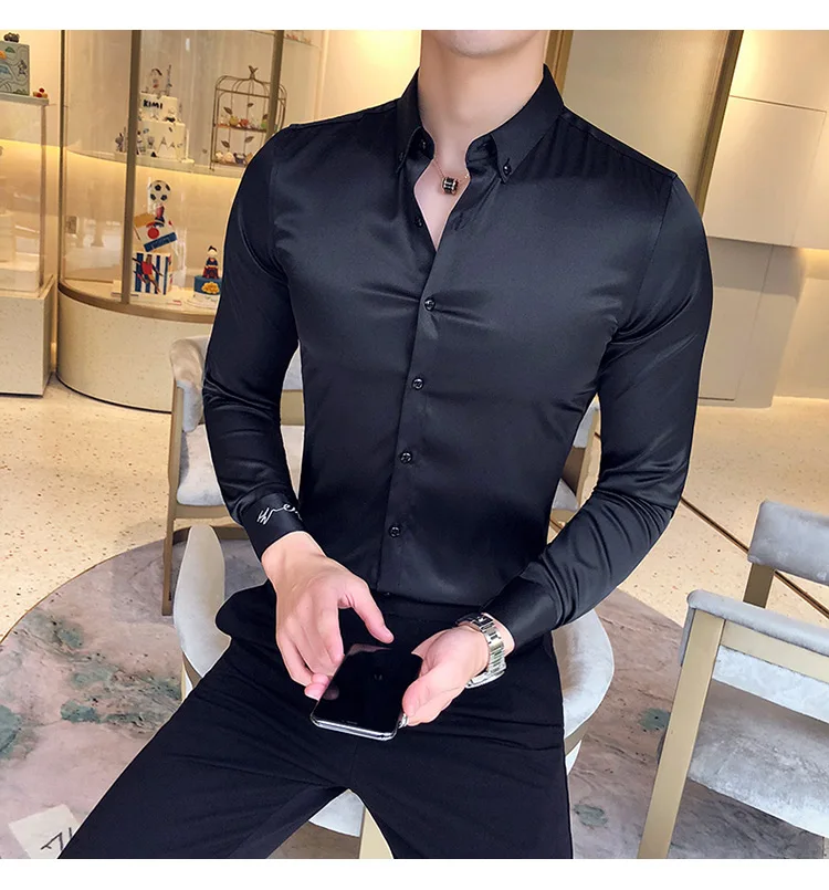 X-Future Men Long Sleeve Buttons Embroidery Lapel Business Slim Fit Casual Solid Shirts