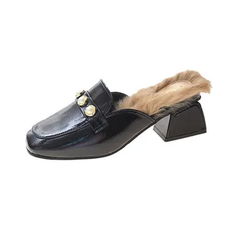 

Furry slippers 2020 spring, autumn and winter new fashion all-match pearl thick high-heeled mules