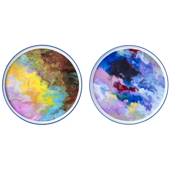 

2 Pcs 9 Inch Watercolor Painting Dinner Plate Unique Hand Painted Dinnerware Set - Water Lily & Rainbow