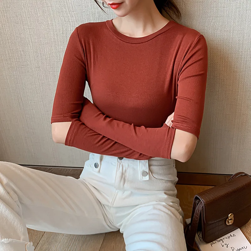 Brick red Осенняя Женская футболка из хлопка ямы тонкая женская футболка с длинным рукавом, рубашки с нижней частью, Женская осенне-зимняя футболка - Цвет: Brick red