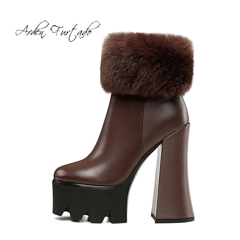 

Arden Furtado 2021 Winter Fashion Women's Shoes Round toe Genuine leather Rabbit hair Chunky heels Zipper ladies Ankle boots