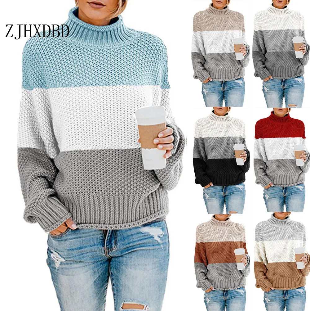 

Women Warm Sweater Winter And Autumn Colorblock Stand Long Sleeve Knit Women Sweater Jumper Tops Patchwork Women's Sweater