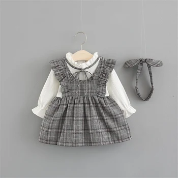

2020 Fashion Elegant Kid Baby Girls Dress 0-2Y Spring New Plaid Long Sleeve False 2Pcs Ruffle Bow Dress Headband Outfit