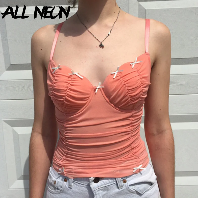 

ALLNeon Y2K Aesthetics Ruched Mesh Cropped Tops Harajuku Vintage Bow Spaghetti Strap Orange Cami Streetwear Egirl Party Tank Top