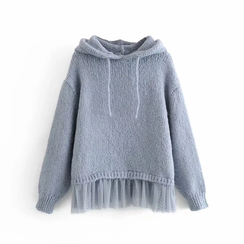  Autumn and winter women's sweatshirt casual solid color mesh stitching knitted hooded sweatshirt