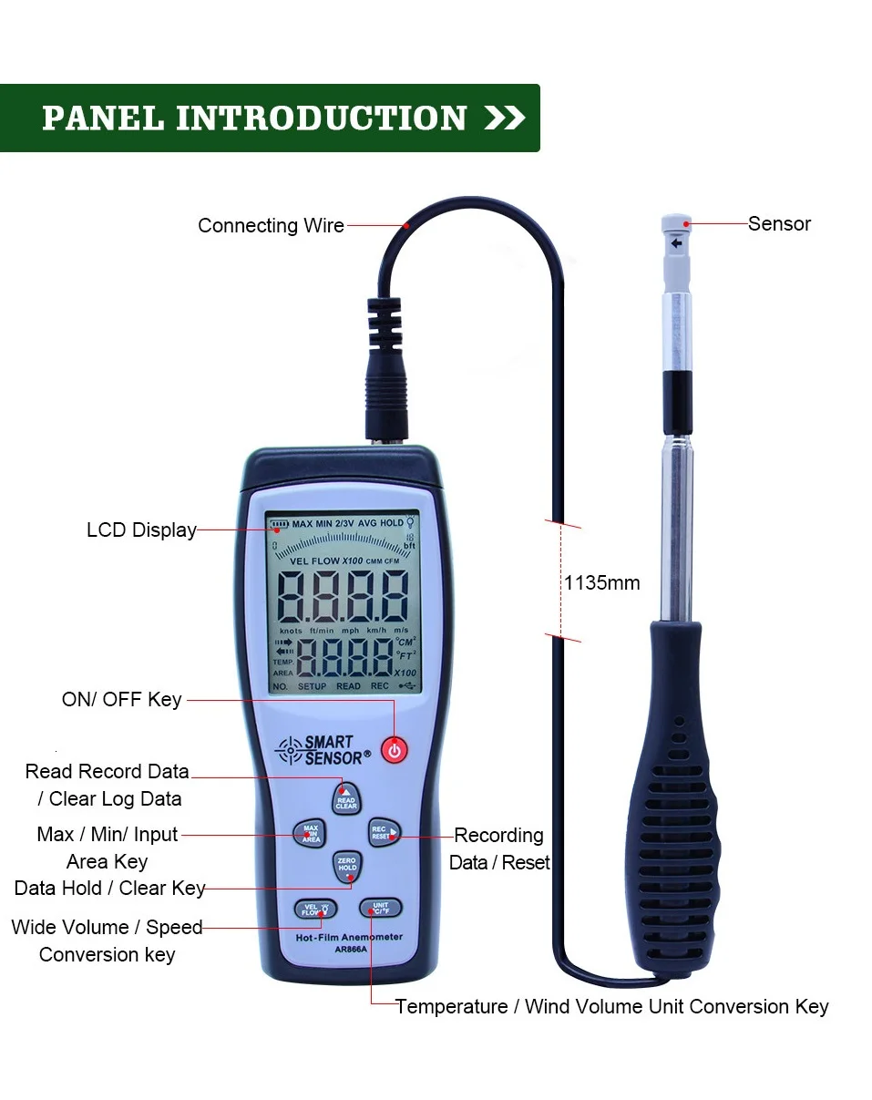 Digital Hot-film Anemometer Wind Speed meter Air Velocity wth temperature measur