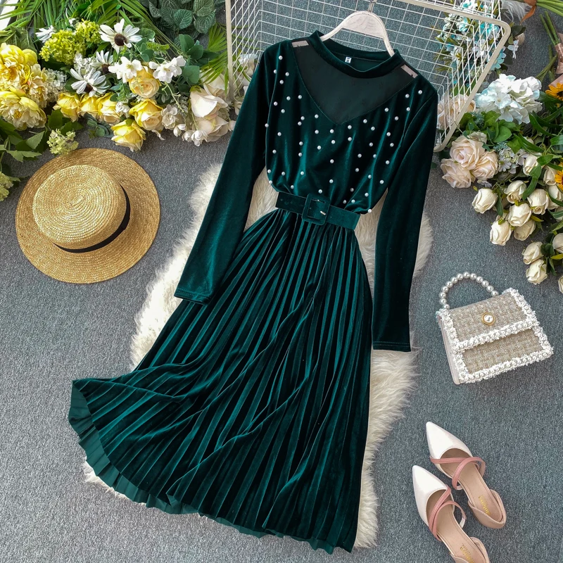 HISUMA, весна-осень, новинка, женское бархатное платье феи с круглым вырезом, вышитое бисером и кружевом, женские элегантные плиссированные платья - Цвет: dark green