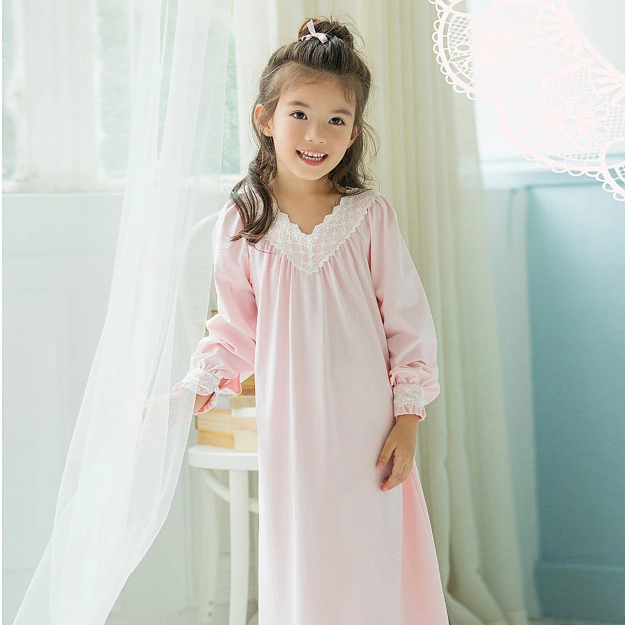 Children‘s Girls Lolita Dress Pink Princess Sleepshirts Vintage V-Neck Nightgowns.Kids Courtly Style Nightdress Lounge Sleepwear pajama sets baby boy