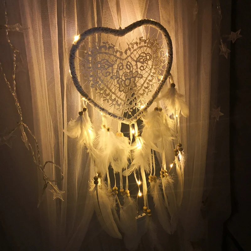 

1pc Heart Shape Pendant Feather Hanging Ornaments LED Lights Woven Net Battery Operated White 15x60cm Home Decor