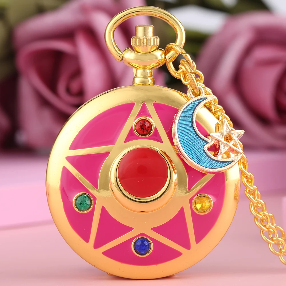 Delicate Five pointed Star Case Cover Pocket Watch for Girls Yellow Dial Neckalce Blue Moon Pendant 1