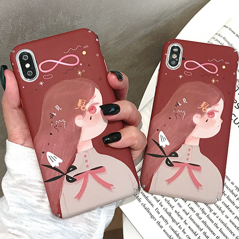 Cartoon Girl Painting Red Phone Case for iPhone 6 6s 7 8 Plus X Xs XR Max Hard PC Back Cover |