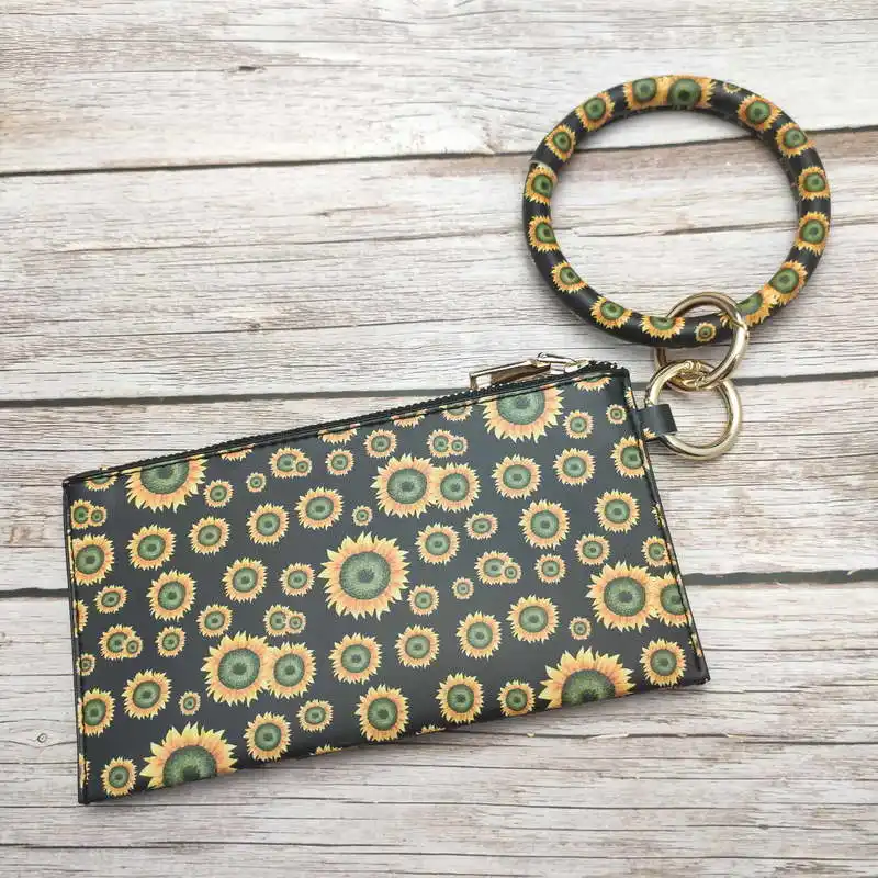 KC00031 Sunflower Трендовое уплотнительное кольцо в форме ключа из искусственной кожи с принтом, нарисованный браслет, брелок, портативный кошелек, рисунок, съемный клатч, кошелек, кошелек для карт - Окраска металла: KC00031 Sunflower