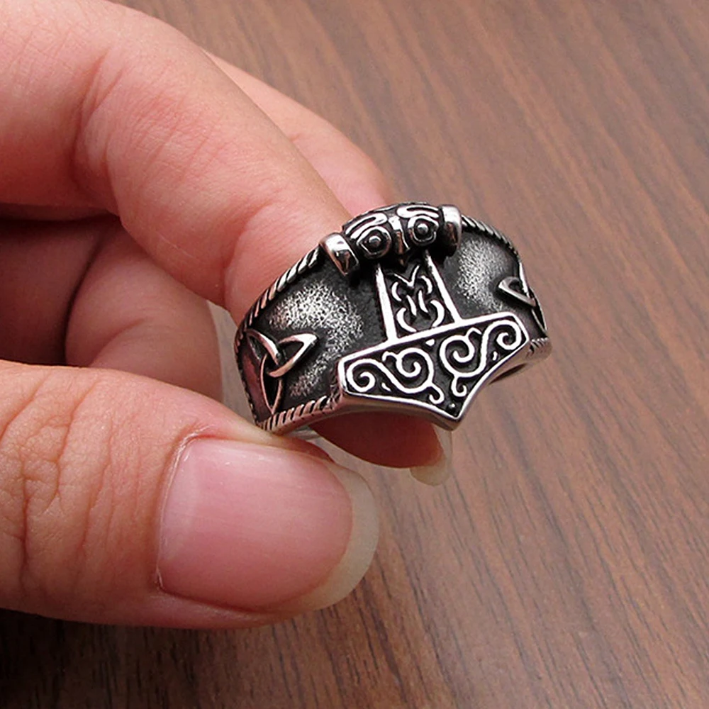 Viking Thor's Hammer Ring - Celtic Knot Stainless Steel Ring, Norse Mythology Mjolnir Design (Silver, Size 13) - View #12