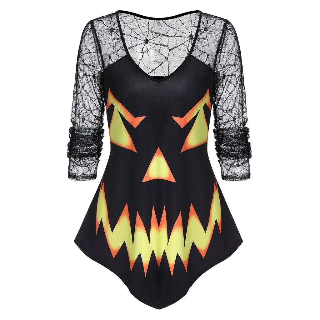 

ladies blouses Womens Fashion 2019 Pumpkin Face Print Spider Web Lace Halloween Casual Blouse Tops dames blouses lange mouwen