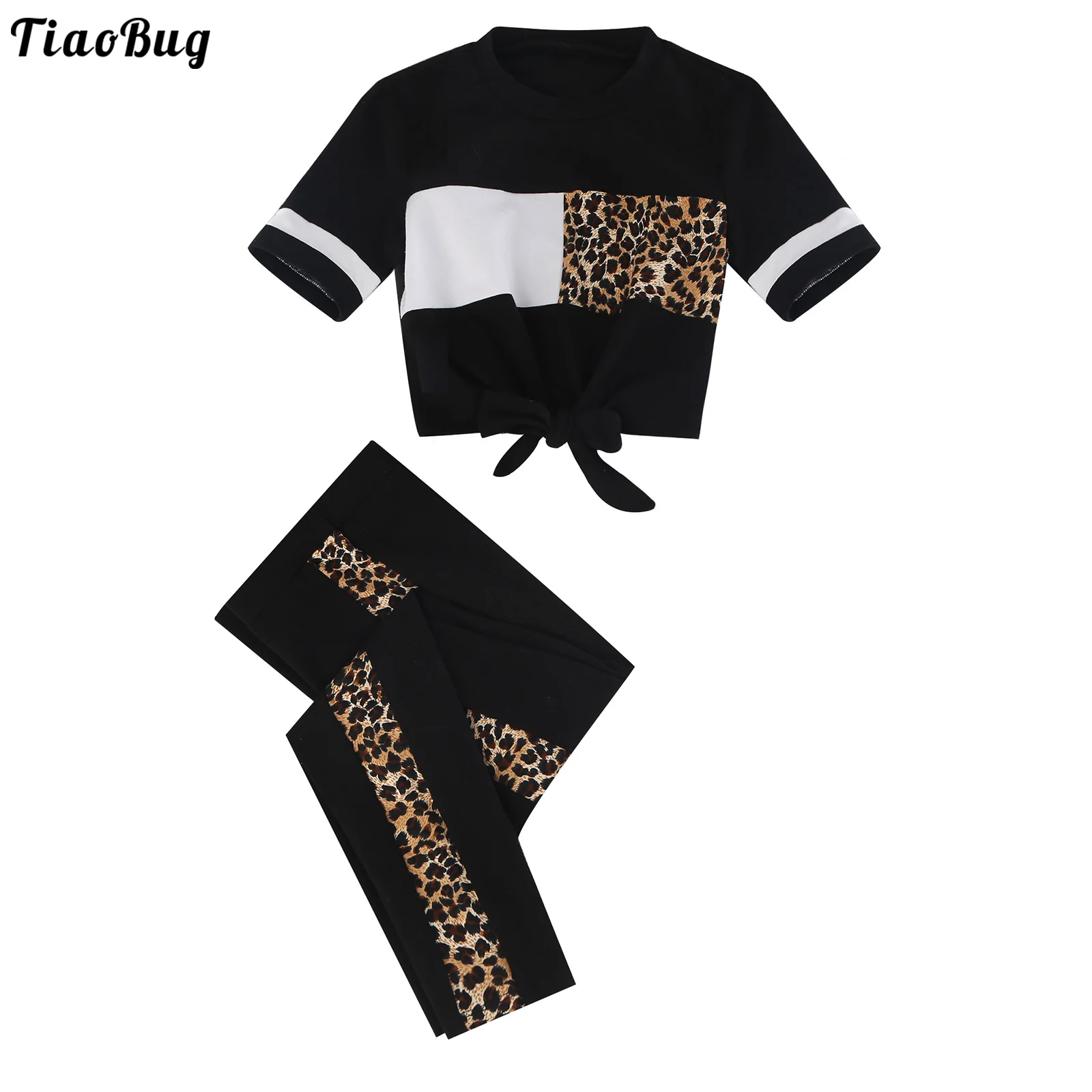 

TiaoBug Summer 2Pcs Kids Girls Sport Running Gym Suit Round Neck Short Sleeves Leopard Print T-Shirt And Pants Set Tracksuit