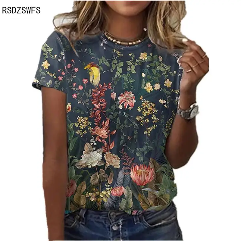 Women' Summer Loose Print T-shirt, Round Neck Casual Shirt, Summer Versatile T-shirtLarge Short Sleeve European and American long sleeve t shirts