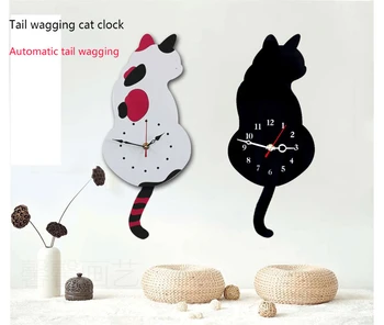 

Promotion New Home Decor Cat tail wagging Mirror Fashion Modern Clocks Living Room Diy Wall Clock Interior Cat tail Sticker