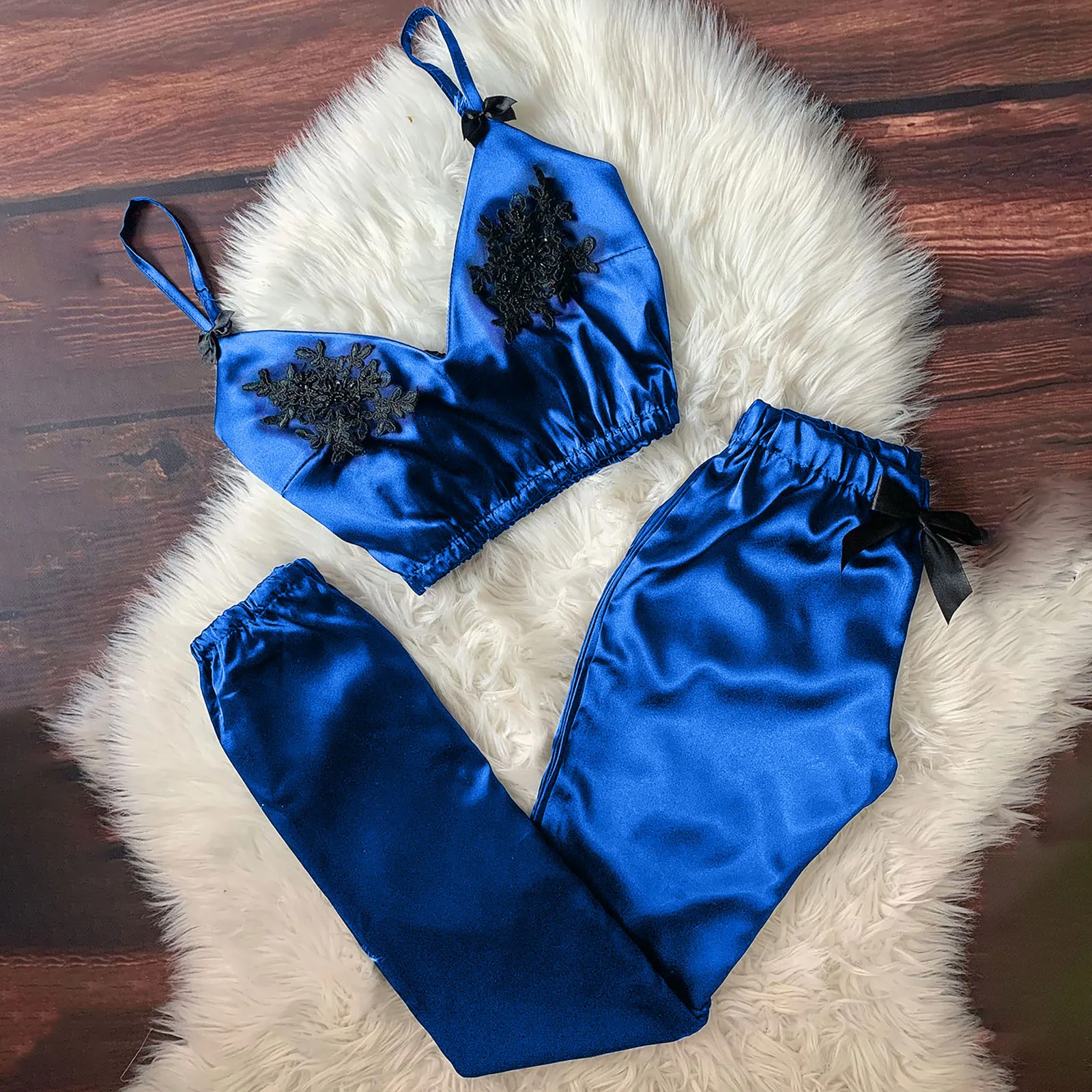 Пижама женская кружевная с V-образным вырезом брюки бантиком | Женская одежда