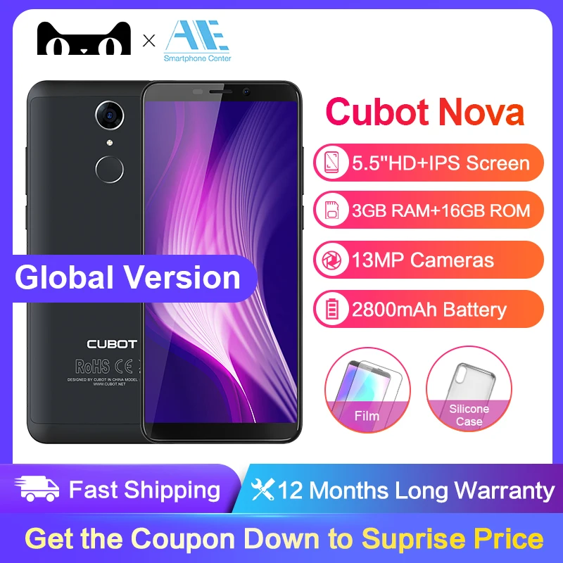 

Cubot Nova 5.5 inch 18:9 Full Screen MT6739 Quad-Core 3GB RAM 16GB ROM Cellphone Andriod 8.1 4G 2800mAh Dual Sim Card Telephone