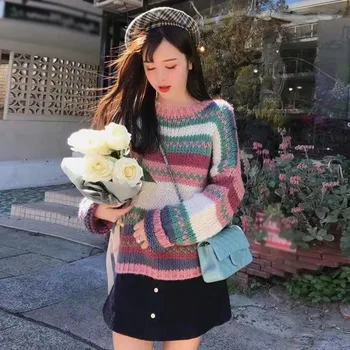 

New Arrivals Women Autumn Spring Stripes Print Loose Long Sleeved Round Collar Casual Sweater