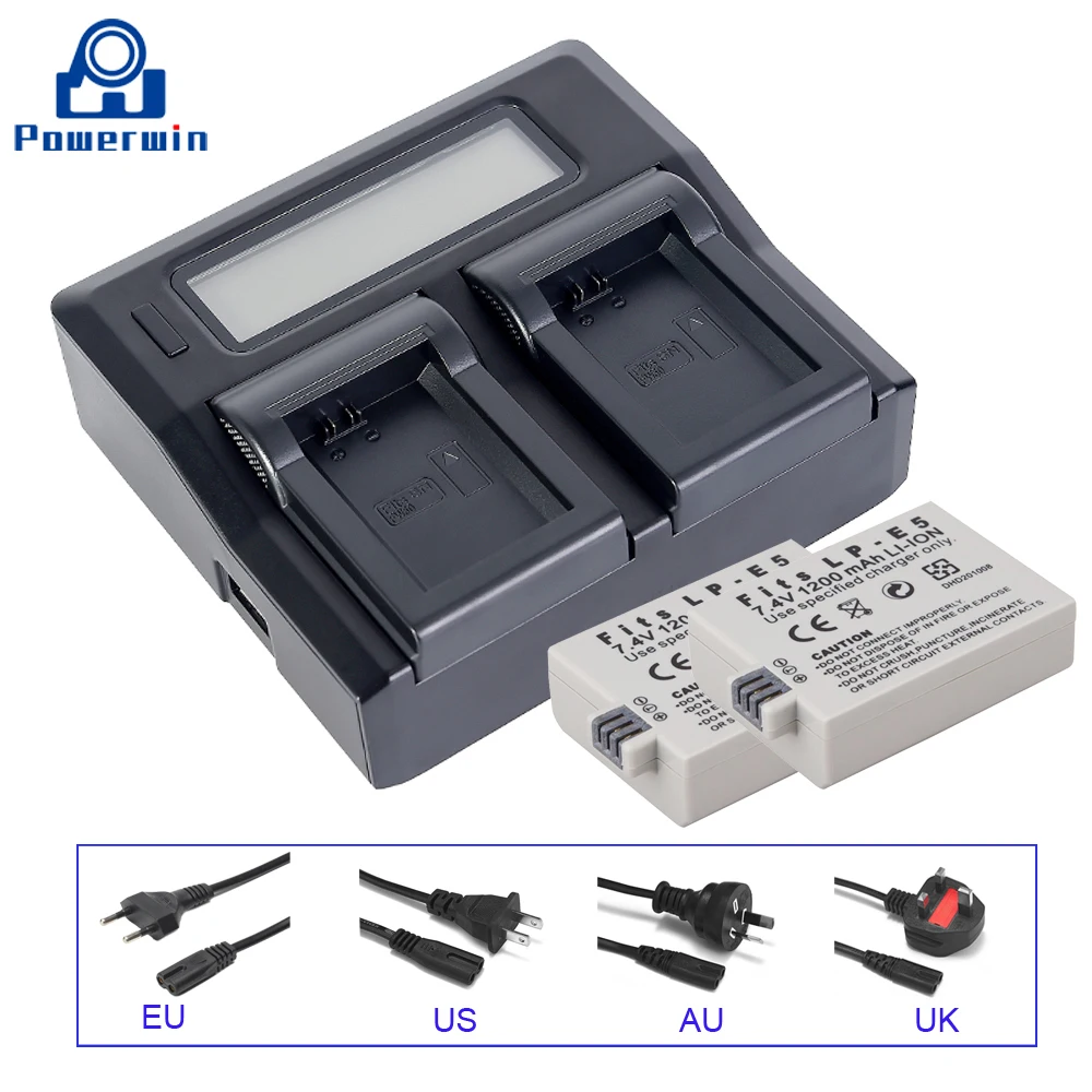 3PCS Powerwin 1200mAh 7.4V LP-E5 LPE5 LP E5 Camera Battery AU/EU/US/UK LCD Dual Charger For Canon 450D 500D 1000D Kiss X3 Xsi |