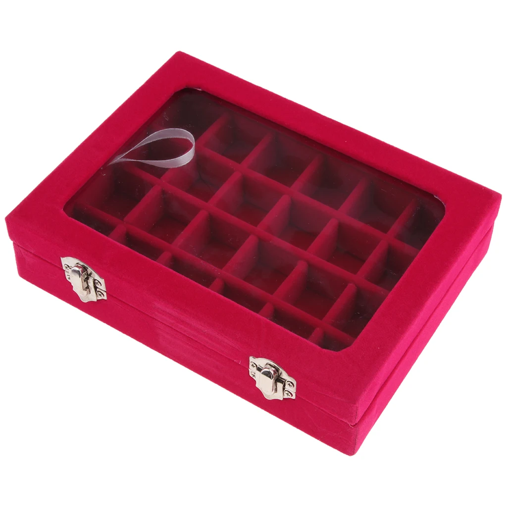 Clear Glass Lid Jewelry Tray 24 Grid Earring Ring Display Storage Box Showcase