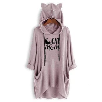 

New Fashion Mid Sleeve Hooded T-Shirt CAT MOM Letters Print T-Shirt For Women Harajuku T-Shirt Female Women Funny Off The