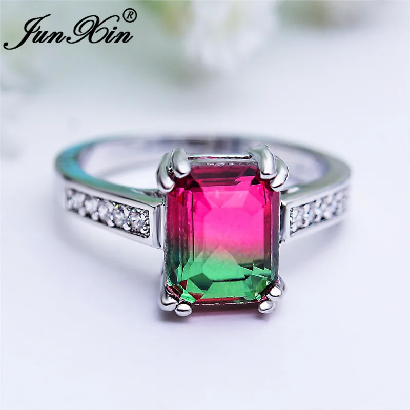 Rose Red Green Ring Классические квадратные радужные Хрустальные Обручальные кольца для женщин 925 серебряный цвет синий розовый зеленый обручальное кольцо с камнем мистические ювелирные украшения CZ - Цвет основного камня: Rose Red Green Ring
