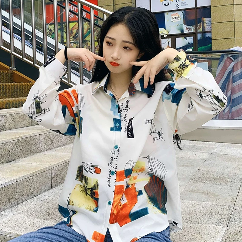 

Bohemian Printed Women Shirts Long Sleeve Female Top New Women Casual Loose Lapel Blouses blusas mujer de moda 2019